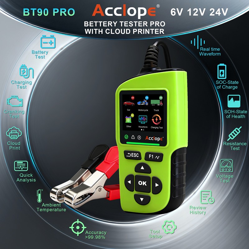 Acclope New 2.4 Inch BT90 PRO Battery Analyzer 6V 12V 24V Car Digital Battery Tester 30-3800CCA SOH